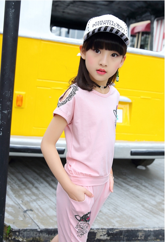 童裝女童夏裝2018兒童短袖休閑兩件套裝小女孩燙鉆露肩中大童套裝 編輯