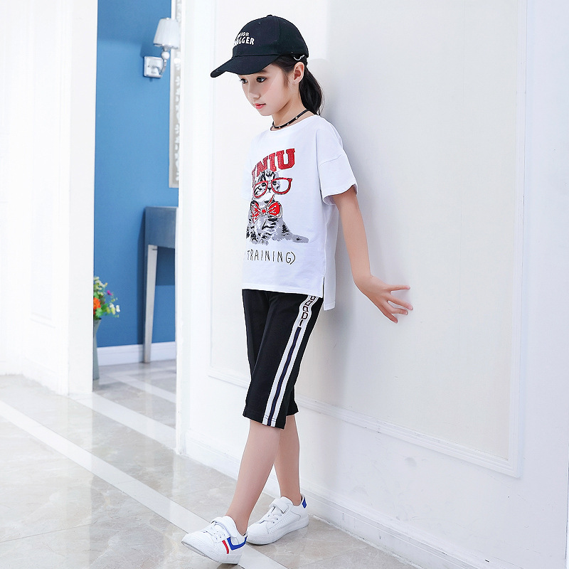 女童純棉短袖套裝夏季韓版休閑t恤可愛貓咪兩件套中大童女童裝
